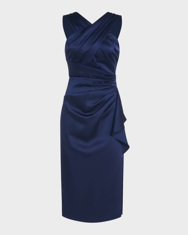 Tierra Pleated Crossover Satin Midi Dress